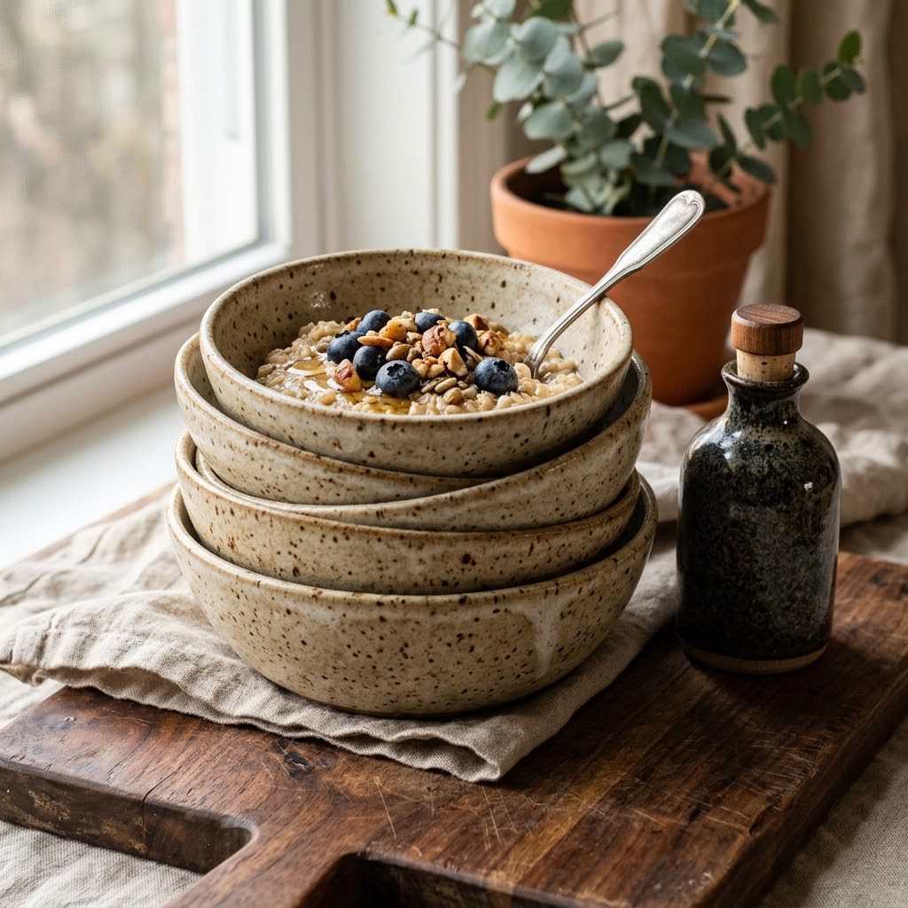 Stoneware bowls on walnut