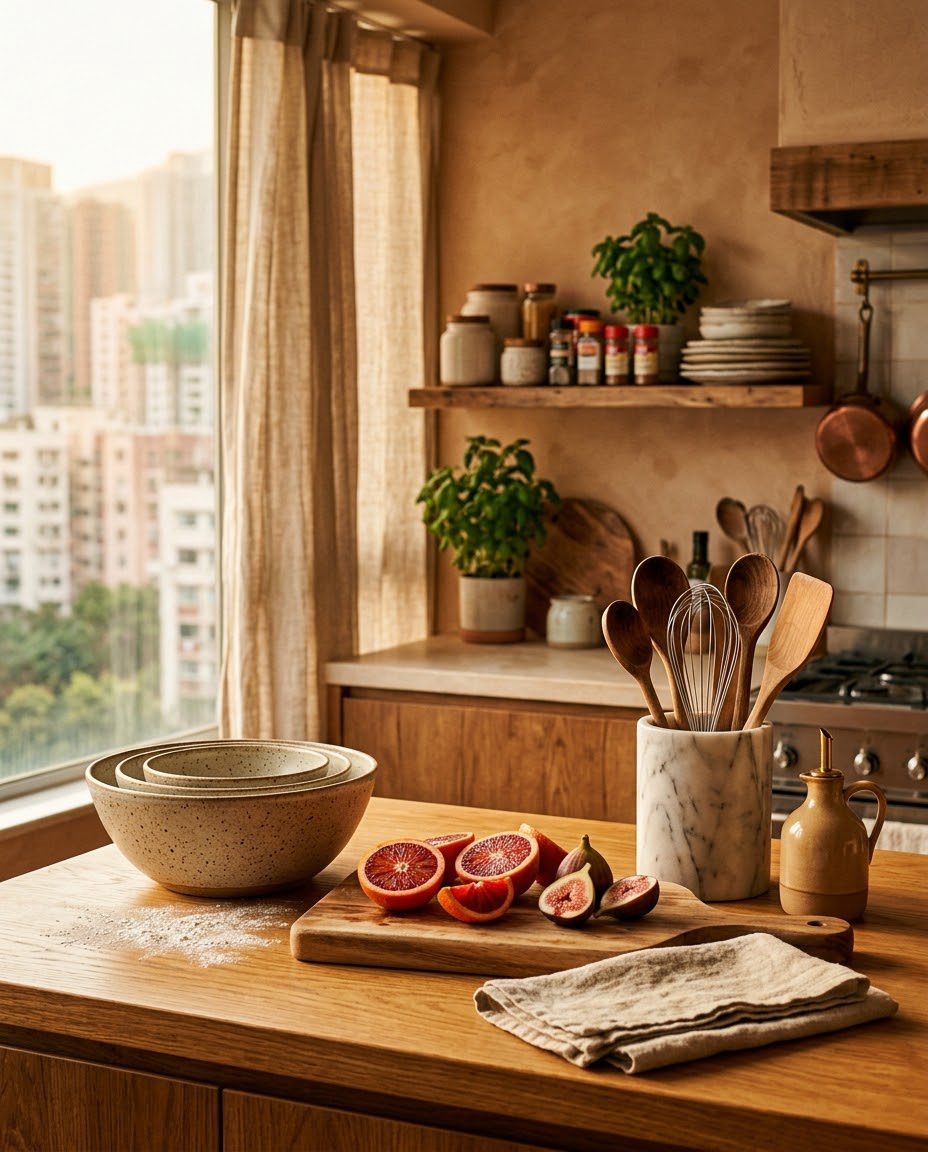 A quiet kitchen counter at morning light
